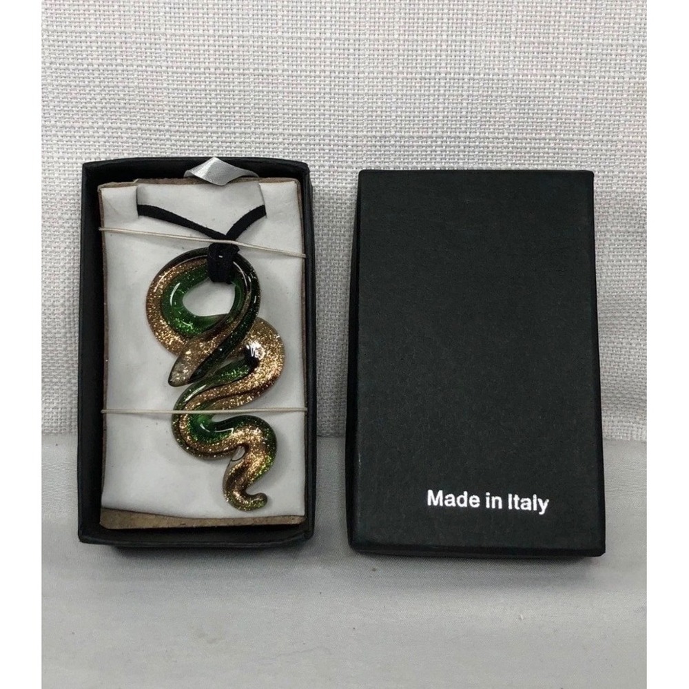 Murano Style Glass Snake Pendant Necklace Green Gold Aventurine Made in Italy